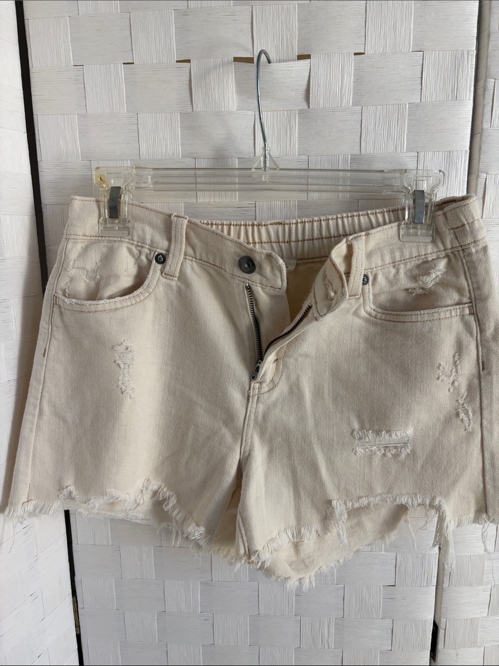 aerie Cream Distressed Denim Shorts
